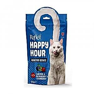Happy Hour Healthy Bones Salmon & Blueberry & Cranberry Somonlu, Yaban Mersinli ve Kızılcıklı Sağlıklı Kemikler İçin Destekleyici Kedi Ödül Maması (60 Gr)